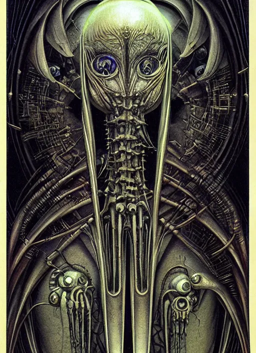 Image similar to symmetrical tarot card, H.R. Giger art, the blind oracle of cold biomechanics, detailed, intricate, elegant, cgsociety, haunting, luxurious, ominous, matte painting, cinematic, Brian Froud, Yoshitaka Amano, Hiroshi Yoshida, Wayne Barlowe