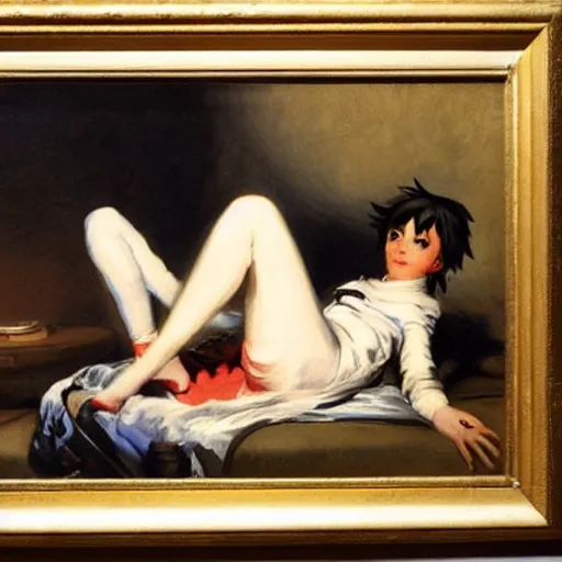 Prompt: Francisco Goya painting of Tracer (Overwatch) lounging in her bedroom, candlelit, dramatic