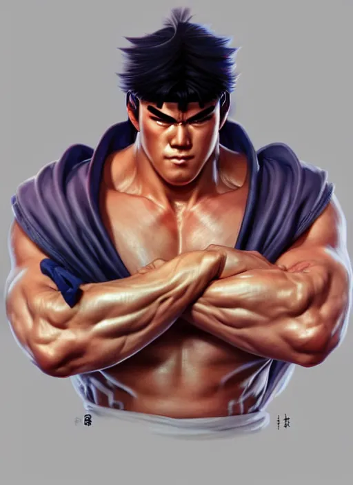 Prompt: Portrait of Ryu from Street Fighter, muscular, robes! intricate, elegant, highly detailed, digital painting, artstation, concept art, smooth, sharp focus, illustration, art by artgerm and greg rutkowski and alphonse mucha