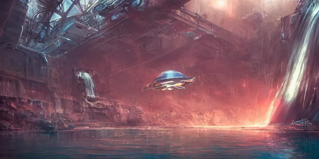 Image similar to alien spacecraft hovering over beautiful pool waterfalls surrounded by alien robots, steel archways with sparks flying off, industrial buildings, rusty metal towers, sun setting, ross tran, fantasy, james jean, peter morbacher, angelarium, alchemy, luxury, heavenly light, soft illumination, trending on artstation, cinematic lighting, digital painting, octane render