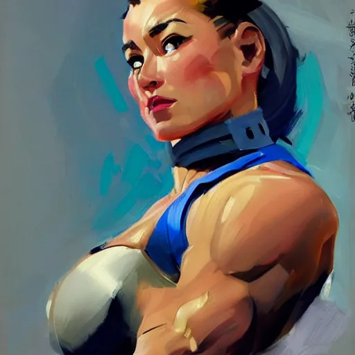 Image similar to greg manchess portrait of weightlifter zarya from overwatch, medium shot, asymmetrical, profile picture, organic painting, sunny day, matte painting, bold shapes, hard edges, street art, trending on artstation, by huang guangjian and gil elvgren and sachin teng