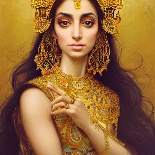 Image similar to Beautiful portrait of a Persian Princess who is an architect, beautiful princess, face painting, architecture, persian style architecture, dramatic lighting, intricate, wild, highly detailed, digital painting, artstation, concept art, smooth, sharp focus, illustration, gold+yellow+white+Turquoise, art by artgerm and greg rutkowski and alphonse mucha, footage from space camera