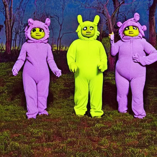 Prompt: photo of feral cryptid sasquatch teletubbies