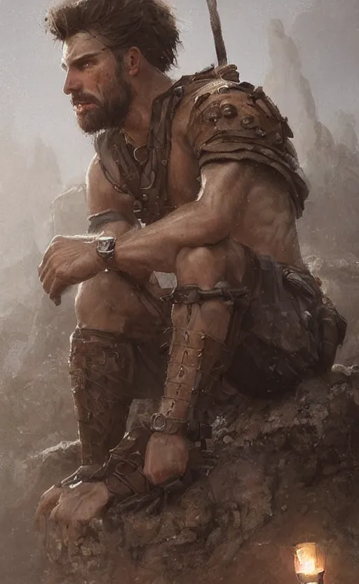 Image similar to Portrait of a rugged ranger sitting down, male, muscular, straight nose!!!, detailed face, handsome face, bare thighs!!!, simple clothing!!!!!, fantasy, medieval, highly detailed, cinematic lighting, digital art painting by greg rutkowski