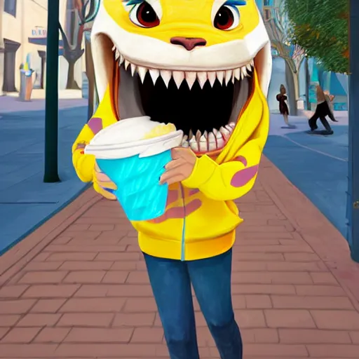 Image similar to furry art of female shark walking down the street holding an icecream cone, digital art, artstation, 4K, detailed, wearing yellow hoodie, zootopia, detailed face, anthromorphic,