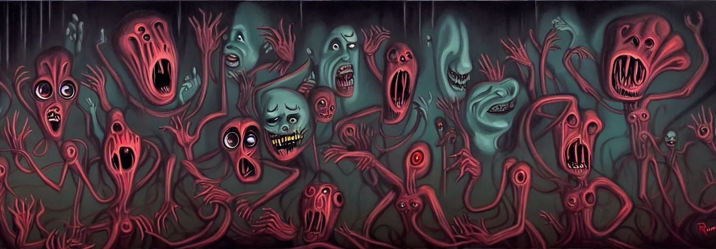 Prompt: visceral freaky uncanny monsters from the darkest depths of collective unconscious, dramatic glowing lighting, 1 9 3 0 s fleischer cartoon characters, wild emotional expressions - surreal painting by ronny khalil