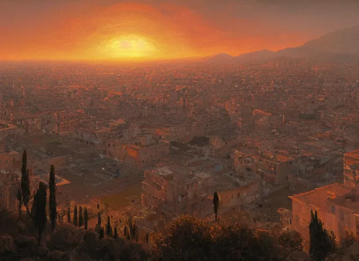 Prompt: A painting of a panoramic view of Pescara at sunset, by Greg Rutkowski and James Gurney, trending on Artstation, highly detailed