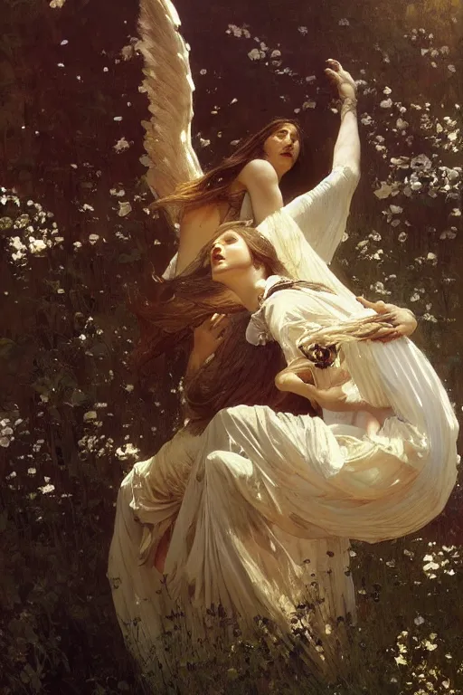 Prompt: by the beating of wings and the din of the death of the day, Between heaven and elegance long are the shadows of dreams., by greg rutkowski, Ilya repin, alphonse mucha, and Edmund Blair Leighton A dramatic painting, oil on canvas, baroque, beautiful lighting, trending on Artstation, Highly detailed