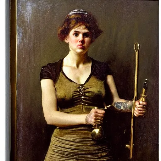 Prompt: portrait of a female boxer with brass knuckles by alfred stevens
