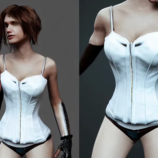 Image similar to apex's loba!!!, wearing white corset top, portrait, photorealistic, unreal engine 5, ray tracing, natural shaders