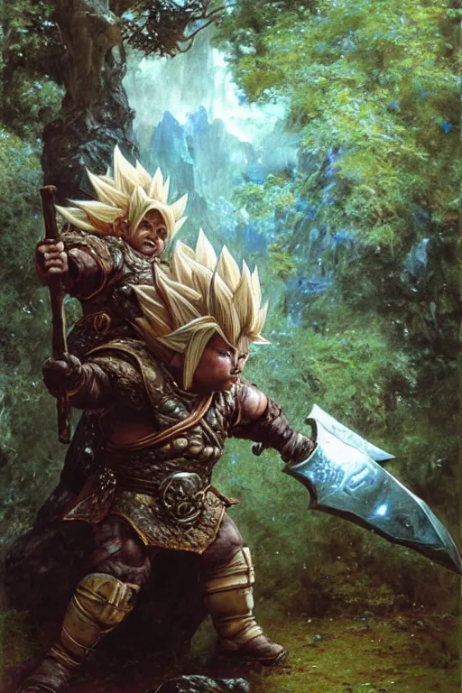 Prompt: dwarf in leather armour in a fantasy forest going super saiyan, holding a large stone axe portrait dnd, painting by gaston bussiere, craig mullins, greg rutkowski, yoji shinkawa