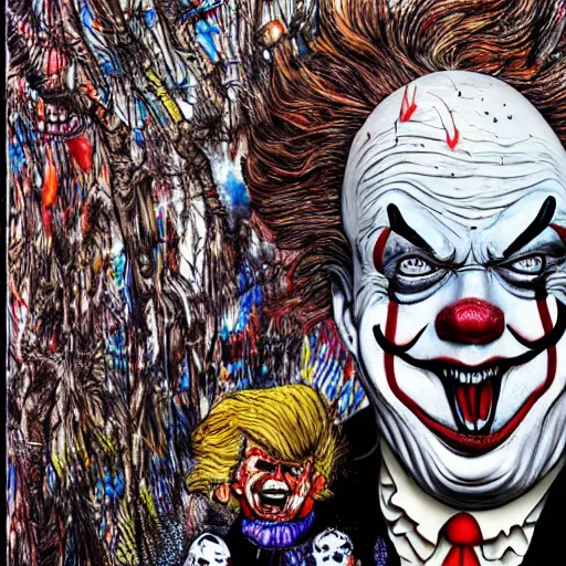 Prompt: Donald Trump as pennywise, Ralph steadman, psychedelic, surreal, ink splatter, detailed, 4k