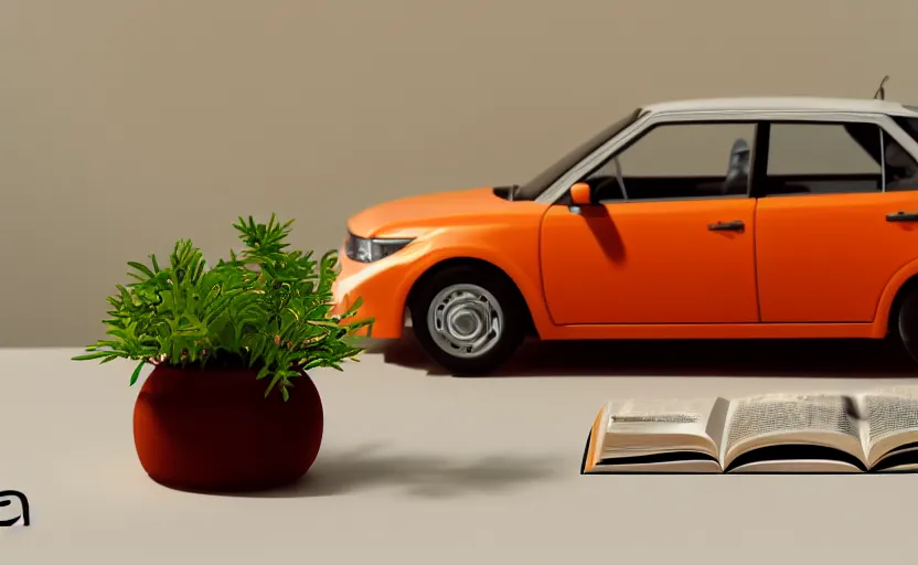 Image similar to a small miniature of a orange Toyota Corolla KE20 on a white table near a book and a vase with a plant, hyperrealistic, concept art, octane render, unreal engine 5, path tracing, complementary colors, calm, relaxing, serene, product photo, centered, symmetrical