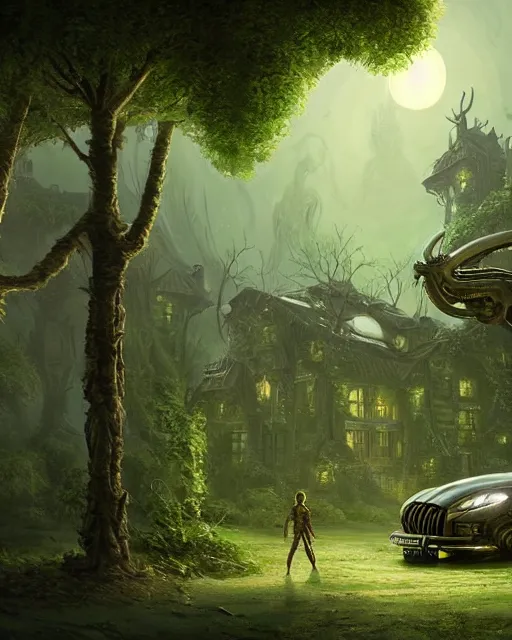 Image similar to xenomorph taxi car in a fantasy village, calming, uplifting mood, ultra realistic, farm, small buildings, highly detailed, atmosphere, masterpiece, epic lighting, elves, green plants, magic, illuminated, 4 k, cinematic, morning sun, art by eddie mendoza, sylvain sarrailh