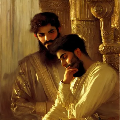 Image similar to attractive arab king in love with his attractive male prince. highly detailed painting by gaston bussiere, craig mullins, j. c. leyendecker