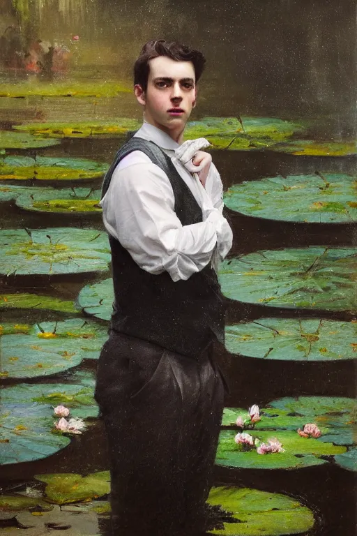 Image similar to detailed cinematic moody colors studio portrait of a young victorian gentleman in a beautiful victorian water pond, water lilies, high quality by jeremy mann, only one head single portrait