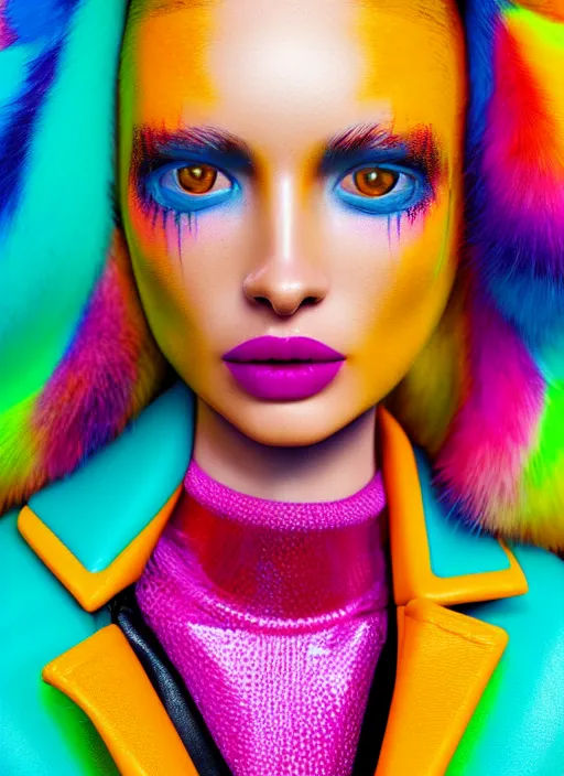 Image similar to stylish coat for a rave, bright colors, many details, prints, photo for a magazine, photo for a store, fashion photography, Vogue, 135 mm, cinematic, hyper realism, high detail, octane render, 8k, chrome accents, very coherent symmetrical artwork, perfect face model, full length photo, Upper and lower body, light skin tone