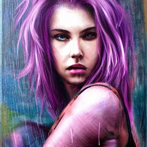 Image similar to perfect portrait of a realistic girl rding a motorbike in a light rain with violet punk hair , hyperrealistic painting , perfect, wild , hyperrealistic face and perfect and wild eyes