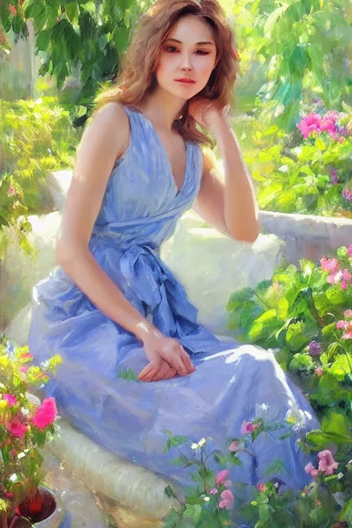 Image similar to portrait of a beautiful woman in the garden, morning, highly detailed, ultrarealistic oil painting, vladimir volegov, artstation