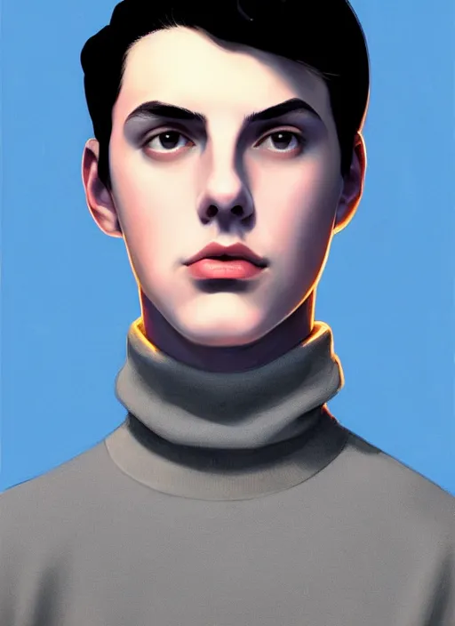 Image similar to portrait of teenage jughead jones wearing a light grey crown, crown, blue turtleneck, 1 9 5 0 s, closed eyes, photorealistic, black hair, glowing lighting, intricate, elegant, glowing lights, highly detailed, digital painting, artstation, concept art, smooth, sharp focus, illustration, art by wlop, mars ravelo and greg rutkowski