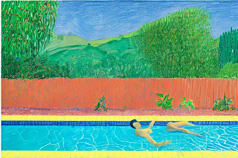 Image similar to emmanuel macron sunbathing in a swimming pool in a house in california, summer blue sky, shimmering water, lush trees and bushes garden lawn, by david hockney, peter doig, lucien freud, francis bacon, pop realism, oil on canvas