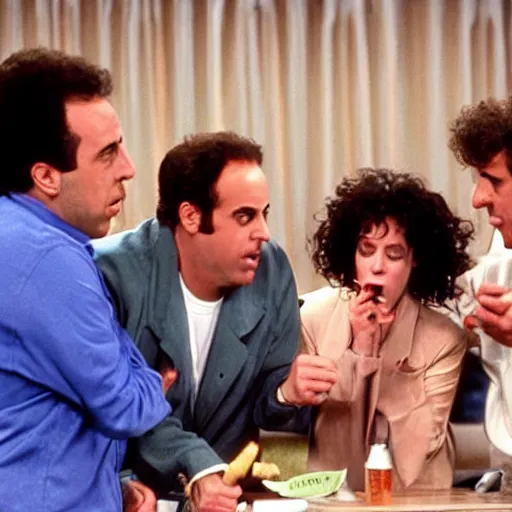 Image similar to Jerry Seinfeld, George Costanza, Elaine Beness and Cosmos Kramer smoking a joint and having a good time, TV still from the 90's