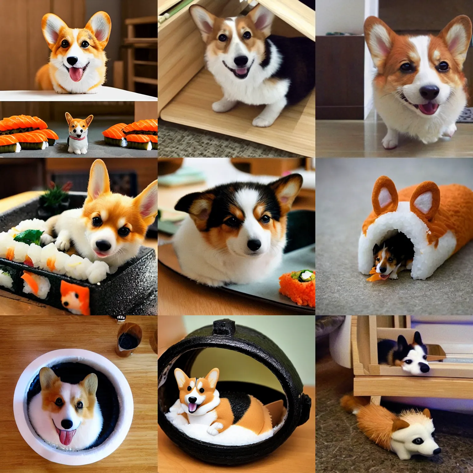 Prompt: A cute corgi lives in a house made out of sushi