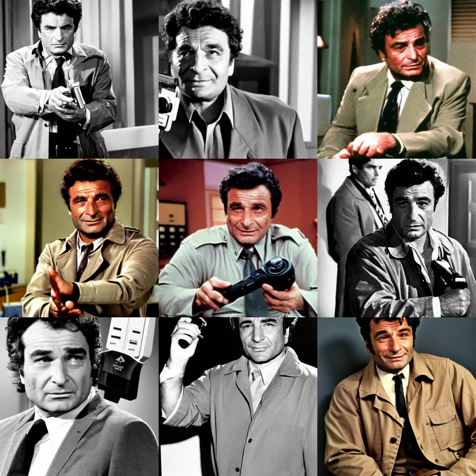 Prompt: a young peter falk as police detective columbo in his messy tan trenchcoat, squinting with a slight insincere smile, looking at a playstation controller