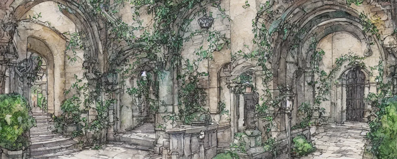 Image similar to courtyard walkway, fountain, castle, stairway, chairs, wrought iron, gate, botanic garden, botanical herbarium paper, watercolor colored painting, iridescent colors, realistic shaded, fine, artstation, italian style, colonnade ornate headdress, craving, carved, insanely detailed studio ghibli