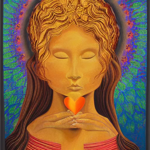 Prompt: a painting of a woman holding a glowing golden heart in the water, an acrylic on canvas painting by amanda sage and magali villenueve, louvre contest winner, gold foil