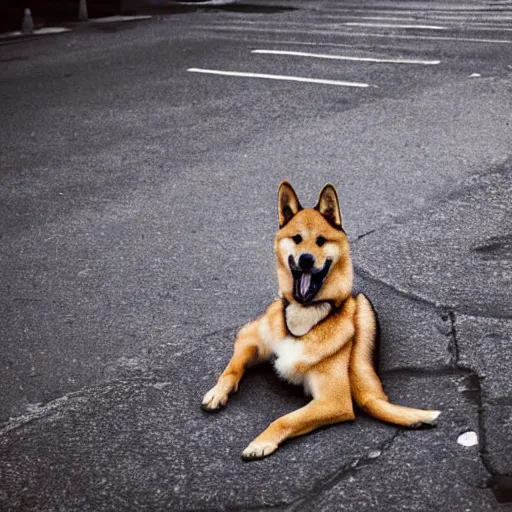 Image similar to shiba inu german shepherd mix dog lying on the street in ancient florence, high quality digital art, cinematic lighting, moody lighting