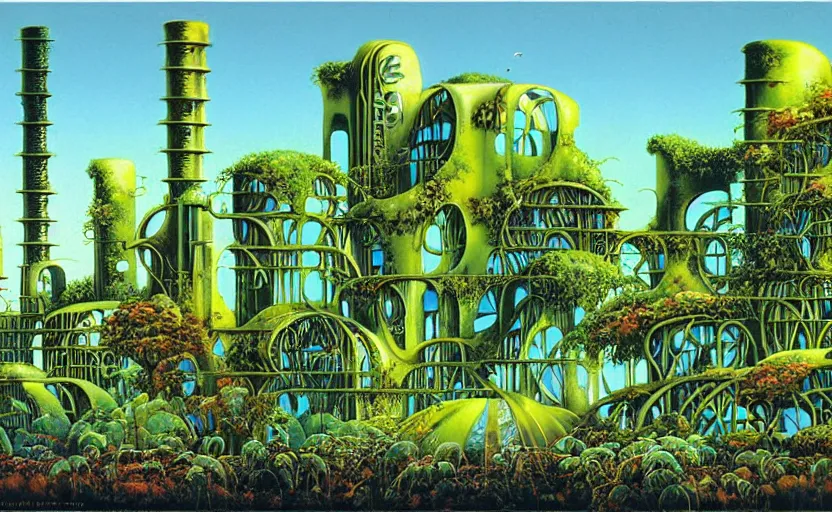 Image similar to industrial buildings surrounded by undergrowth by roger dean