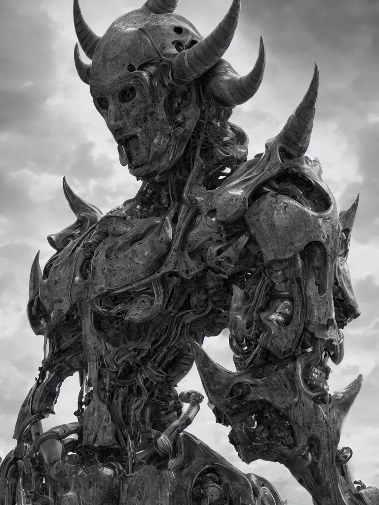 Image similar to Techno-God is an ancient mechanical gray giant horned humanoid, digital art, 16k, hyperrealism, high detail, ray tracing, concept art, octane render