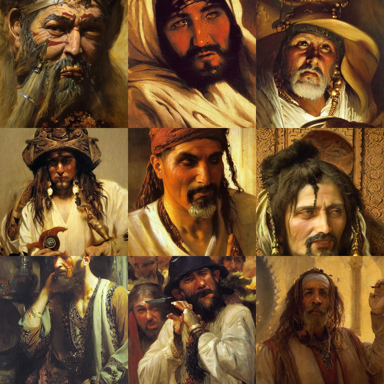 Prompt: orientalism painting of a arrogant occultist alchemist face detail by theodore ralli and nasreddine dinet and anders zorn and nikolay makovsky and edwin longsden long, bronze age, sword and sorcery, oil on canvas, masterful intricate artwork, excellent lighting, high detail 8 k