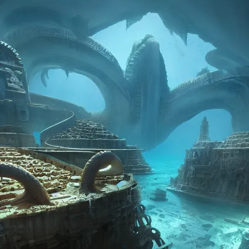 Prompt: the underwater lost city of atlantis, huge octopus nearby, volumetric light, detailed, unreal engine, by greg rutkowski