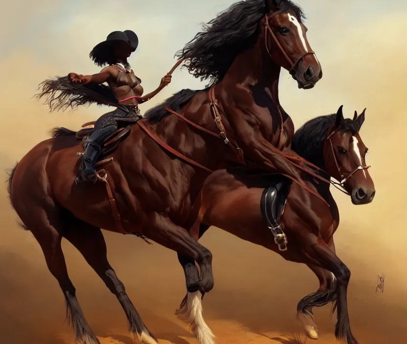 Image similar to full body portrait of beautiful black woman on horseback, beautiful clydesdale, highly detailed, digital painting, artstation, concept art, smooth, sharp focus, illustration, face by wlop, illustrated by mars ravelo and greg rutkowski