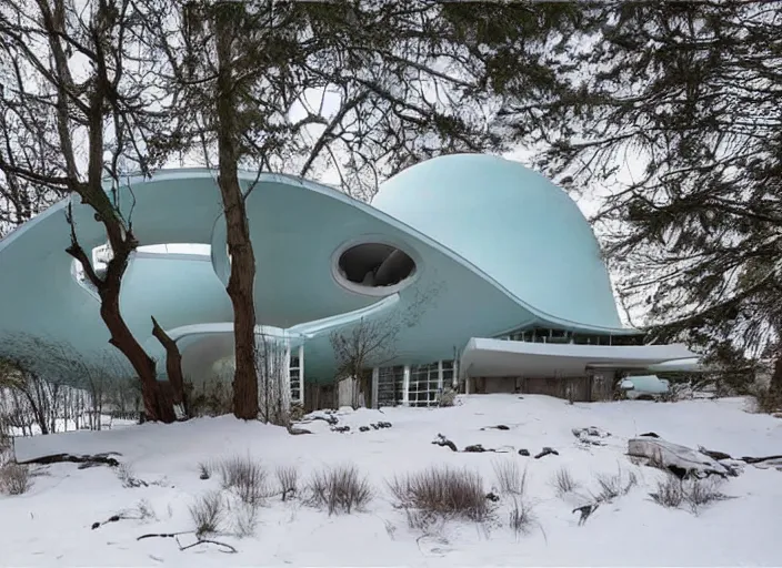 Image similar to zillow listing of a retro futuristic science fiction home for sale on a weird ice planet