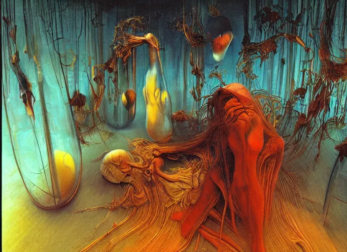 Image similar to dreamscape in a jar, gorgeous lighting, highly detailed, by zdzisław beksinski and francis bacon, art by dave mckean and rowena morrill and jeanbaptiste monge, computer aesthetic, vaporwave