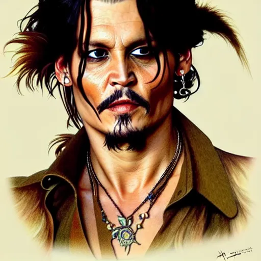 Prompt: full portrait of johnny depp as ace ventura, fantasy, d & d, intricate, detailed, by by alphonse mucha, adolfo hohenstein, alice russell glenny, stanley artgerm lau, greg rutkowski, detailed, trending on artstation, trending on artstation, smooth