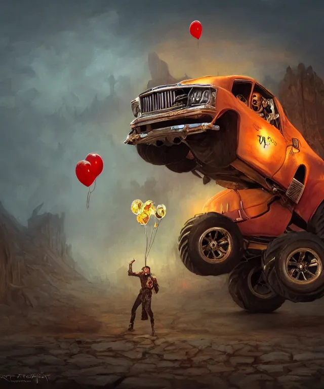 Prompt: danny trejo, cinematic, driving monster truck grave digger, holding a balloon elegant, highly detailed, digital painting, artstation, smooth, hard focus, illustration, art by jessica rossier and and brian froud