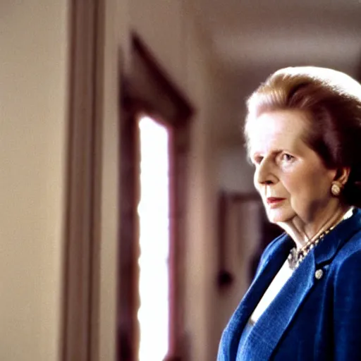 Image similar to A movie still of Margaret Thatcher in The Shining