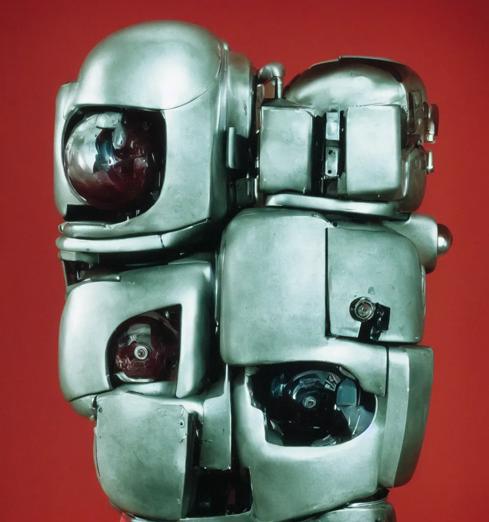 Image similar to an 80's studio portrait photo of a robot head designed by wes anderson, 50mm, pentax, film