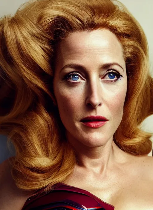 Image similar to full length photo of a gorgeous Gillian Anderson dressed as wonder woman by Mario Testino, detailed, head shot, award winning, Sony a7R