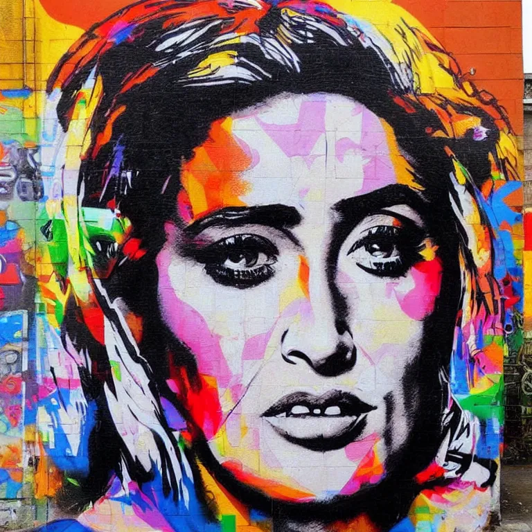 Prompt: Street-art portrait of salma hayek in style of Eduardo Kobra, photorealism