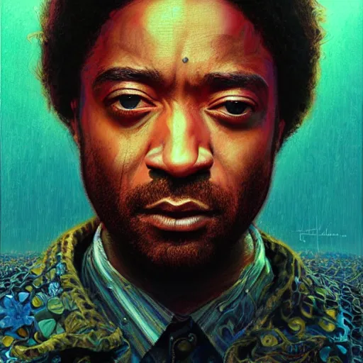 Image similar to portrait of chiwetel ejiofor, hyper detailed masterpiece, neon floral pattern, jean giraud, digital art painting, darkwave goth aesthetic, psychedelic, artgerm, donato giancola and tom bagshaw