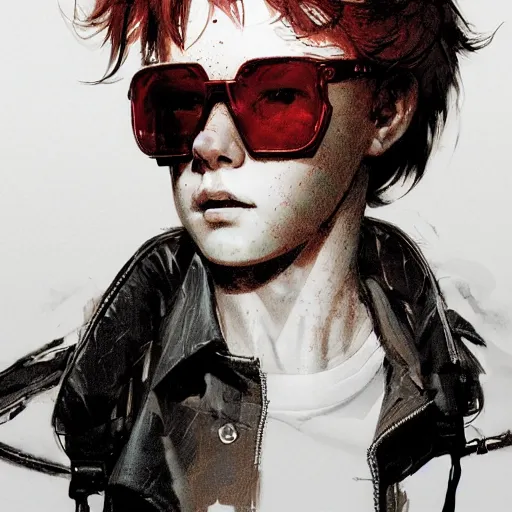 Prompt: a 12 year old boy with red hair and freckles, wearing glasses, a serious look on his face, wearing a leather jacket, dramatic lighting, illustration by Greg rutkowski, yoji shinkawa, 4k, digital art, concept art, trending on artstation