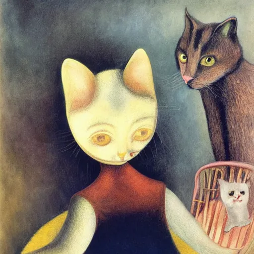 Image similar to by Remedios Varos, Ernest Hemingway in a cat girl outfit, oil painting, MET collection, high resolution.