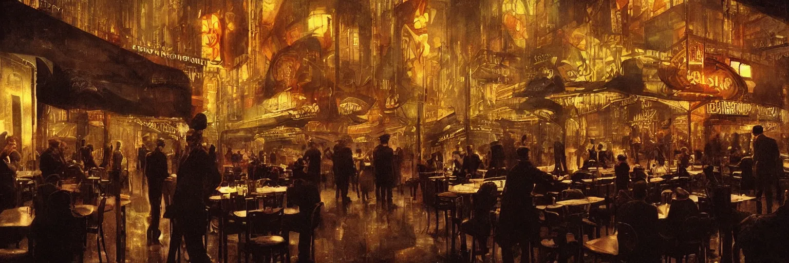 Prompt: Babylon Berlin. Night. Inside a crowded Art deco restaurant. Berlin, late golden 1920s. Gropius. Metropolis. Mist. Highly detailed. Hyper-realistic. Cheerful. Merry mood. Warm colors. Dynamic composition. Matte painting in the style of Craig Mullins