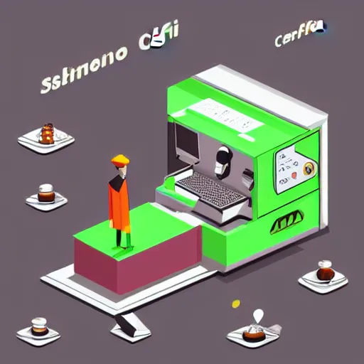 Image similar to isometric cartoon recreational cannabis cafe building interior axonometric espresso machine, aluminum sheen, people drink coffee and people smoke cannabis cigarettes, cannabis vending machines, beanbags, 4 cannabis pots, by benoit mandelbrot, low poly cute minimal concept art illustrated by anni albers