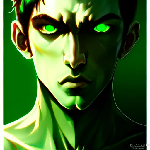 Image similar to a highly detailed portrait of a man with dark green hair and green glowing eyes, high detail clothing, concept art, anime, artstation, professional